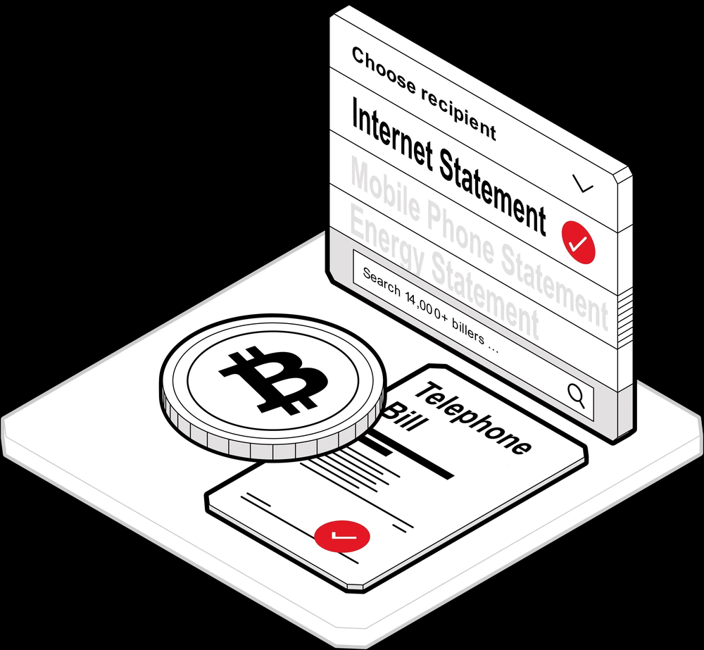 Illustration of a bitcoin paying a telephone bill through a biller search with over 14,000 billers