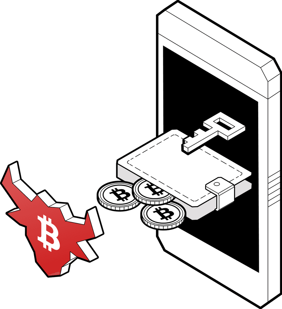 Illustration of bitcoin passing through a phone into a wallet secured by a key, with the red Bull Bitcoin mark